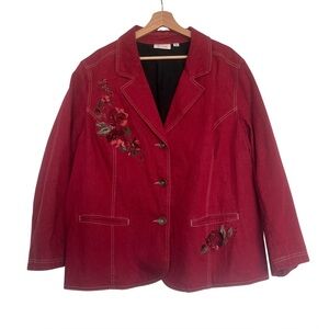Red Denim Vintage Floral Embroidery Jacket